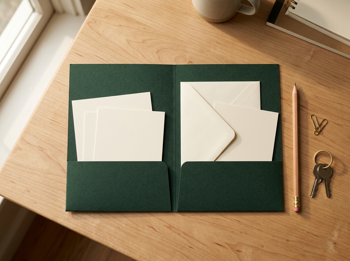 An open green two-pocket folder holding blank cards and an envelope, on a wooden table beside a pencil, paper clips and a set of keys