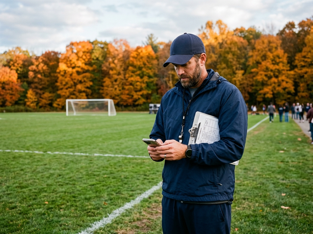 A coach on a soccer sideline in autumn, typing on a phone with a clipboard tucked under one arm