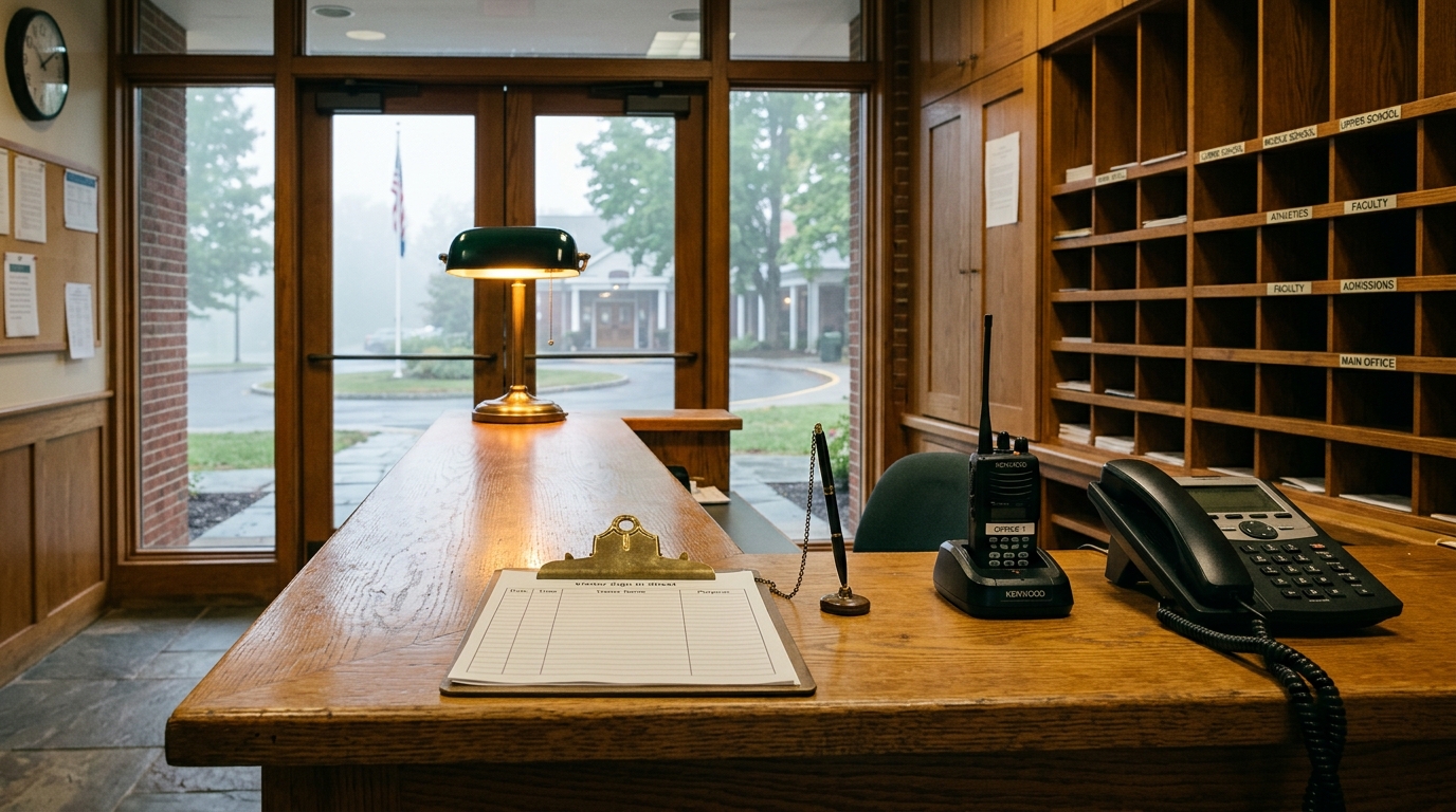 A school front office desk early in the morning, with a desk lamp, a two-way radio, a telephone and a clipboard, and the drop-off loop outside the glass doors