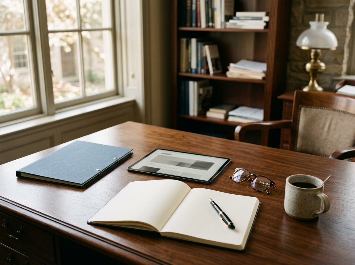 A wooden desk by a window with a closed folder, a tablet, an open blank notebook with a fountain pen, reading glasses and a mug of coffee